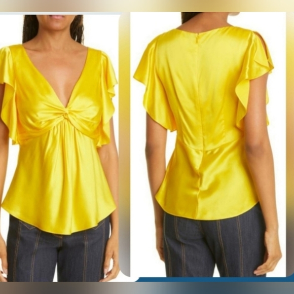 NWT cinq a sept Pem Size Small Yellow Flutter Sleeves Front Twist Silk Blouse